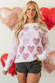 Bella Love Boutique California LLC Sweaters & Cardigans/Sweaters Pink / S / 100%Polyamide Pink Heart Leopard Print Pearled Ribbed Trim Fuzzy Sweater