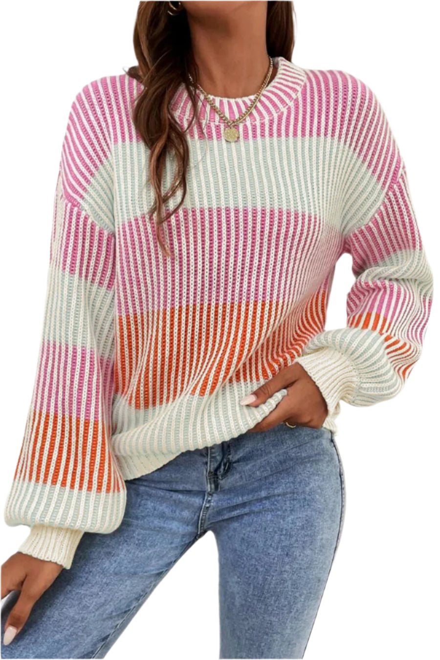 Bella Love Boutique California LLC Sweaters & Cardigans/Sweaters Pink / S / 60%Cotton+40%Acrylic Colorblock Textured Knit Bubble Sleeve Sweater