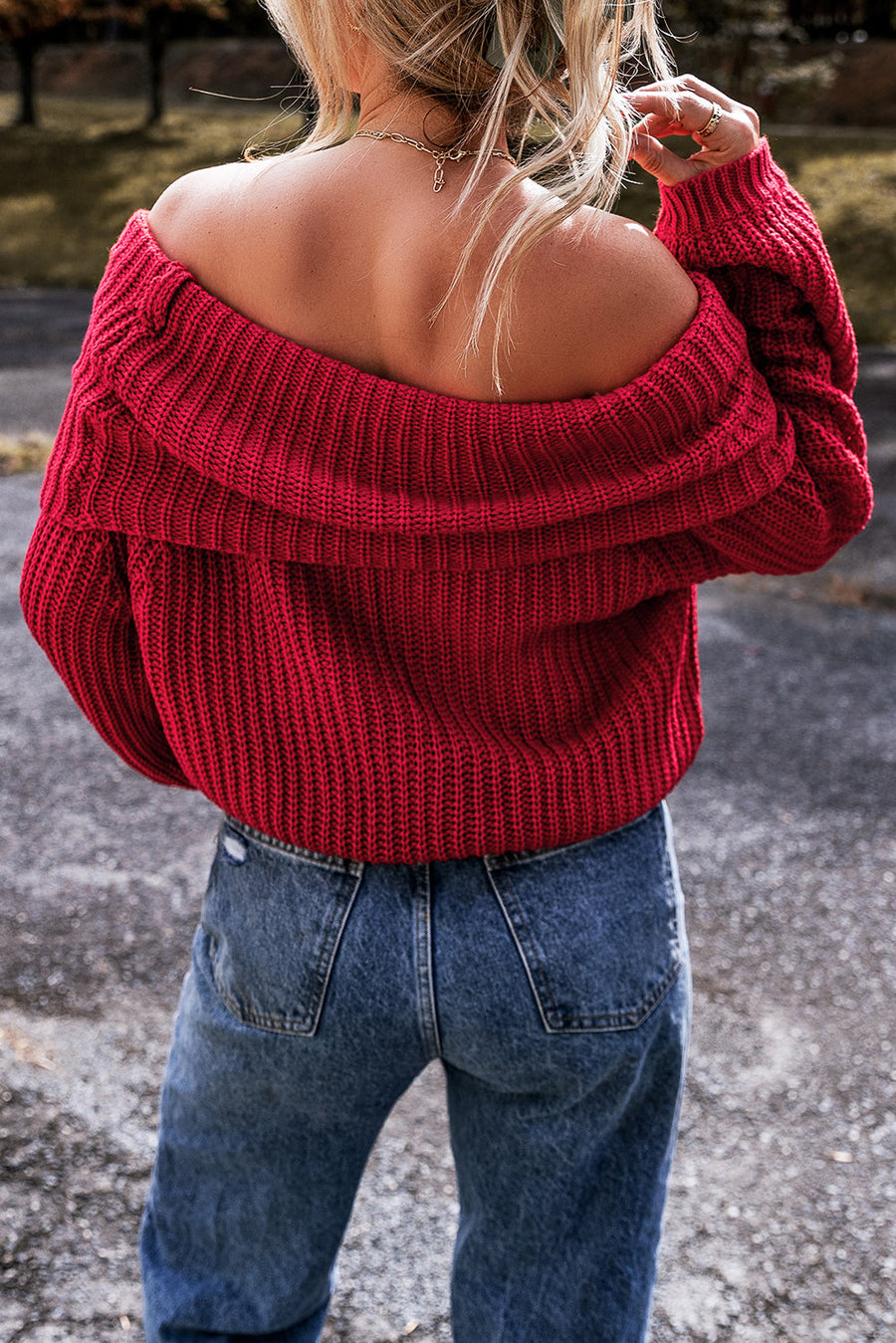 Bella Love Boutique California LLC Sweaters & Cardigans/Sweaters Racing Red Off-the-shoulder Knit Sweater