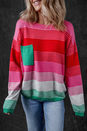 Bella Love Boutique California LLC Sweaters & Cardigans/Sweaters Rose / S / 50%Viscose+28%Polyester+22%Polyamide Rose Striped Knit Patch Pocket Drop Shoulder Sweater