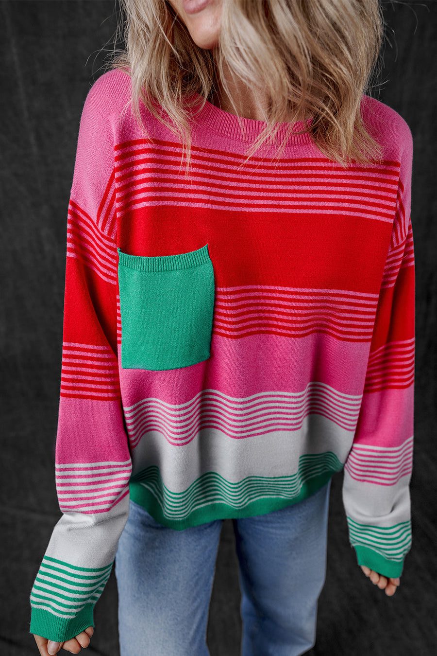 Bella Love Boutique California LLC Sweaters & Cardigans/Sweaters Rose Striped Knit Patch Pocket Drop Shoulder Sweater