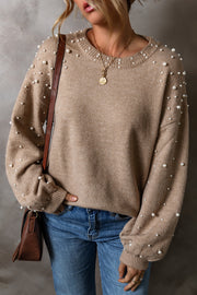 Bella Love Boutique California LLC Sweaters & Cardigans/Sweaters Smoke Gray / S / 50%Viscose+28%Polyester+22%Polyamide Smoke Gray Pearled Drop Shoulder Round Neck Sweater