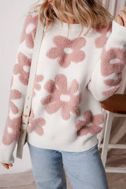 Bella Love Boutique California LLC Sweaters & Cardigans/Sweaters White / S / 42%Acrylic+30%Polyester+28%Polyamide White Textured Flower Drop Shoulder Loose Sweater