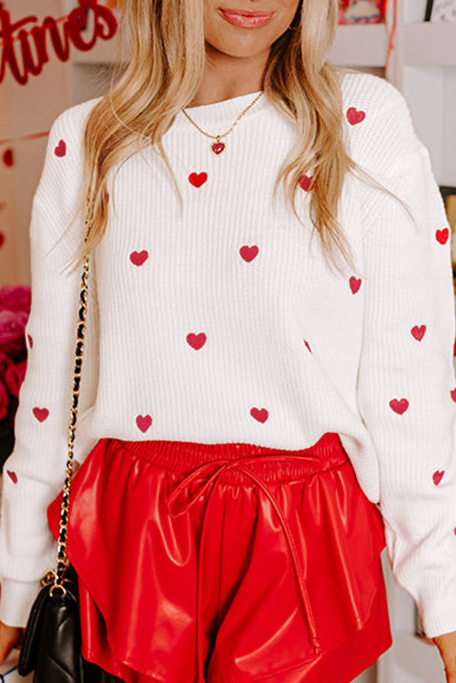 Bella Love Boutique California LLC Sweaters & Cardigans/Sweaters White / S / 50%Viscose+28%Polyester+22%Polyamide Heart Shape Drop Shoulder Round Neck Sweater