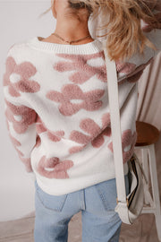 Bella Love Boutique California LLC Sweaters & Cardigans/Sweaters White Textured Flower Drop Shoulder Loose Sweater