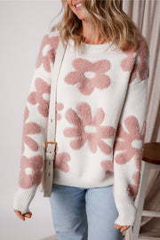 Bella Love Boutique California LLC Sweaters & Cardigans/Sweaters White Textured Flower Drop Shoulder Loose Sweater