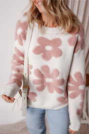 Bella Love Boutique California LLC Sweaters & Cardigans/Sweaters White Textured Flower Drop Shoulder Loose Sweater