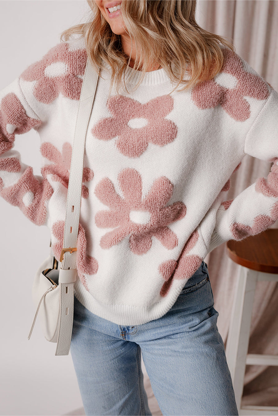 Bella Love Boutique California LLC Sweaters & Cardigans/Sweaters White Textured Flower Drop Shoulder Loose Sweater