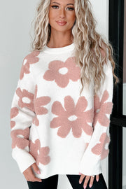 Bella Love Boutique California LLC Sweaters & Cardigans/Sweaters White Textured Flower Drop Shoulder Loose Sweater