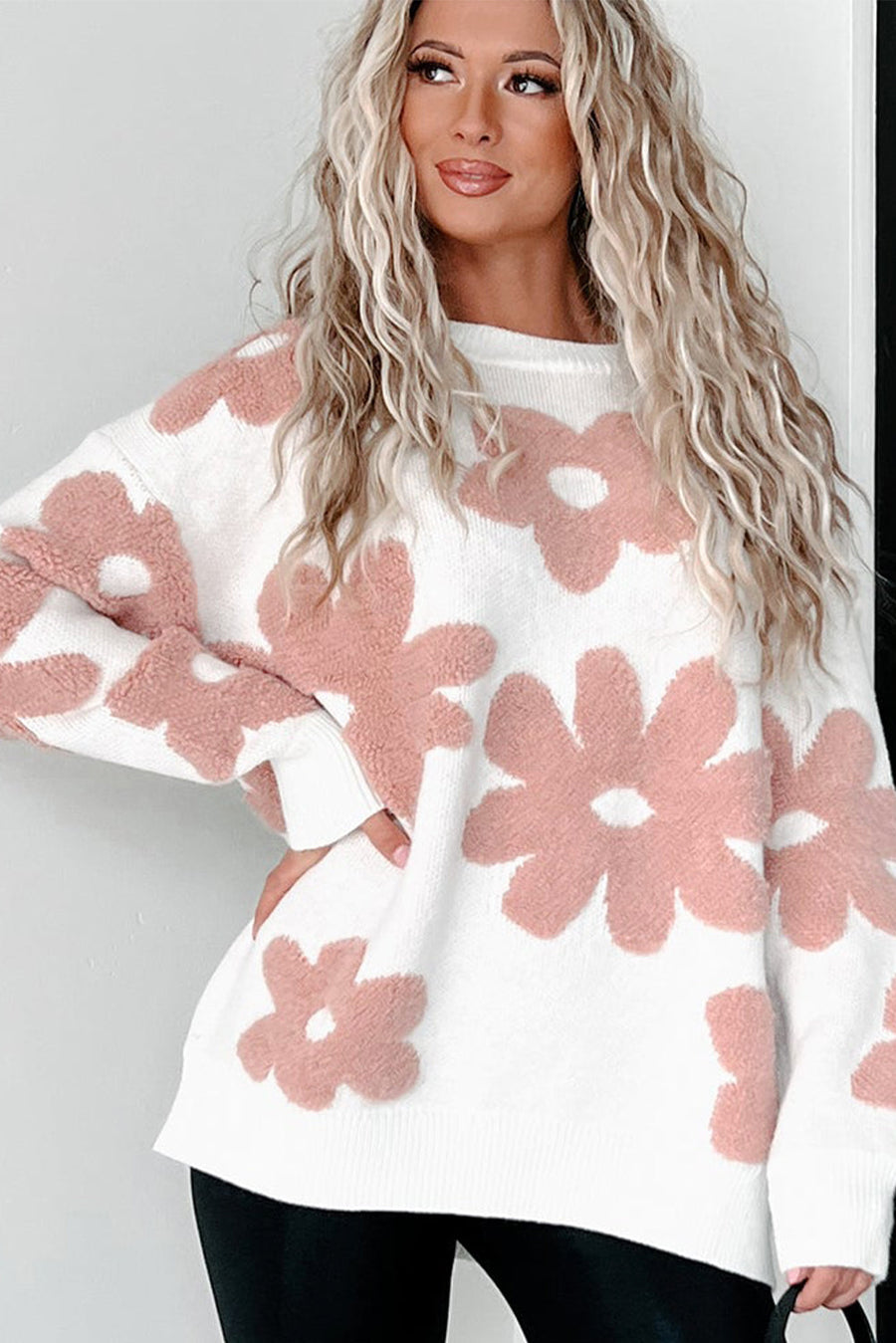 Bella Love Boutique California LLC Sweaters & Cardigans/Sweaters White Textured Flower Drop Shoulder Loose Sweater