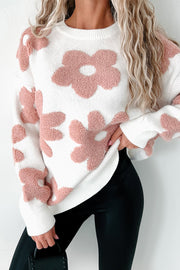 Bella Love Boutique California LLC Sweaters & Cardigans/Sweaters White Textured Flower Drop Shoulder Loose Sweater