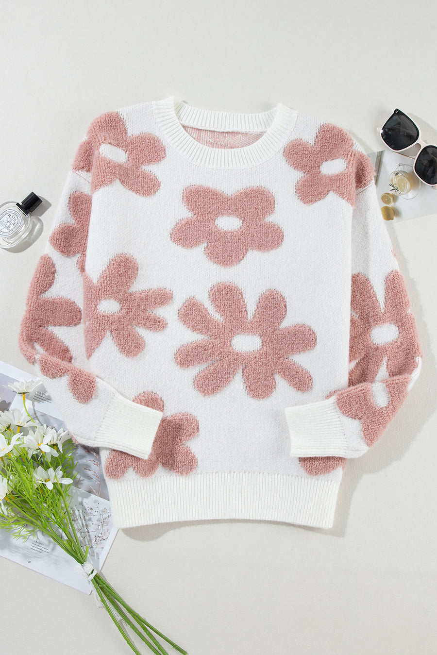 Bella Love Boutique California LLC Sweaters & Cardigans/Sweaters White Textured Flower Drop Shoulder Loose Sweater