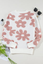 Bella Love Boutique California LLC Sweaters & Cardigans/Sweaters White Textured Flower Drop Shoulder Loose Sweater