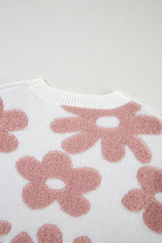 Bella Love Boutique California LLC Sweaters & Cardigans/Sweaters White Textured Flower Drop Shoulder Loose Sweater