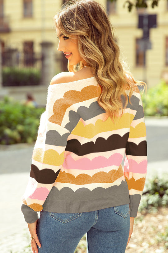 Bella Love Boutique California LLC Sweaters & Cardigans/Sweaters Yellow Wave Striped Balloon Sleeve Drop Shoulder Sweater