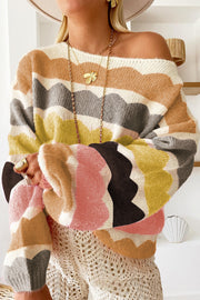 Bella Love Boutique California LLC Sweaters & Cardigans/Sweaters Yellow Wave Striped Balloon Sleeve Drop Shoulder Sweater