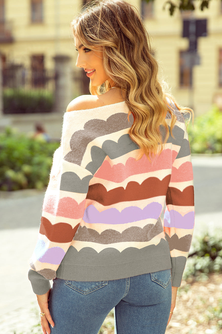 Bella Love Boutique California LLC Sweaters & Cardigans/Sweaters Yellow Wave Striped Balloon Sleeve Drop Shoulder Sweater