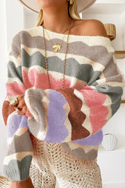 Bella Love Boutique California LLC Sweaters & Cardigans/Sweaters Yellow Wave Striped Balloon Sleeve Drop Shoulder Sweater