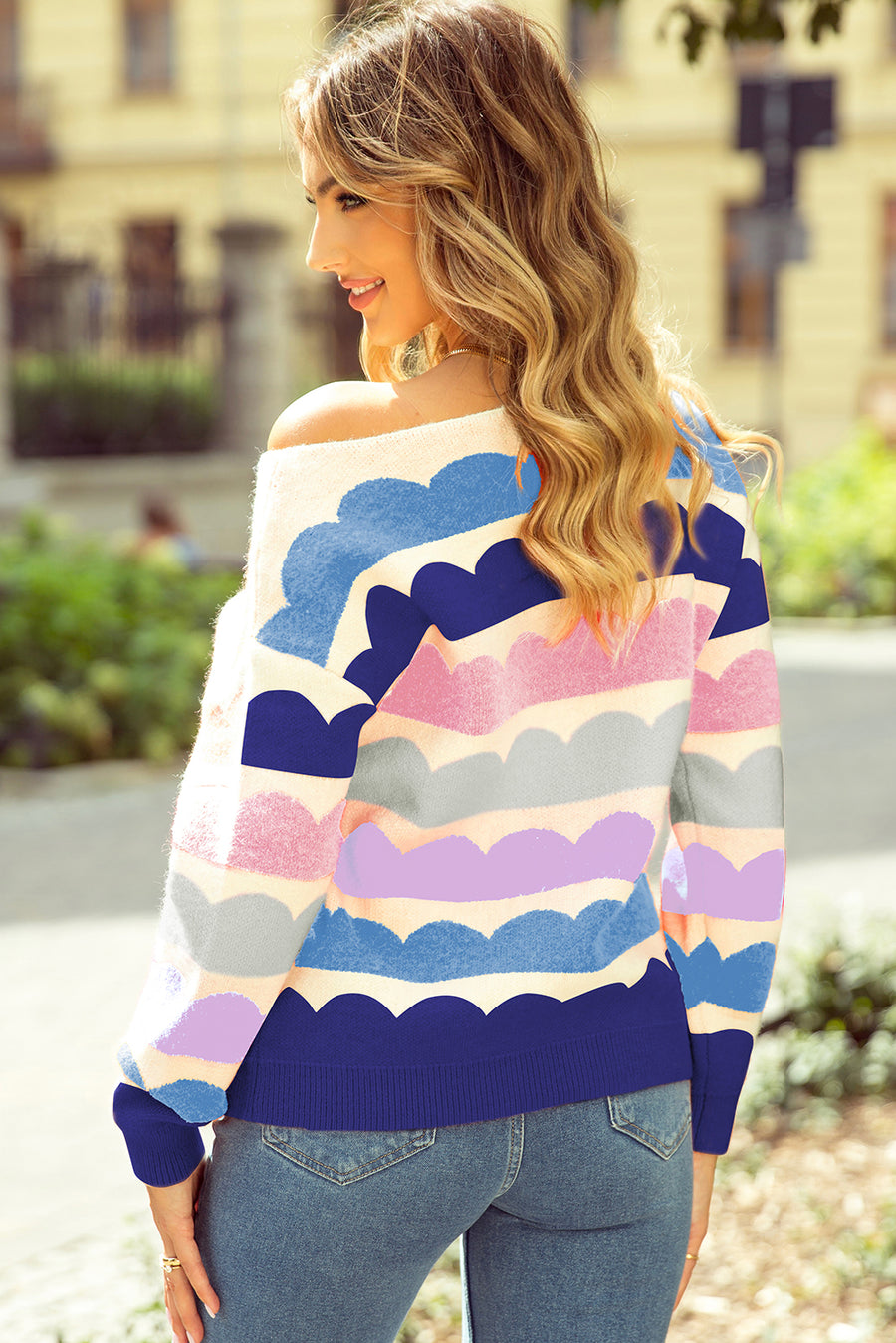 Bella Love Boutique California LLC Sweaters & Cardigans/Sweaters Yellow Wave Striped Balloon Sleeve Drop Shoulder Sweater