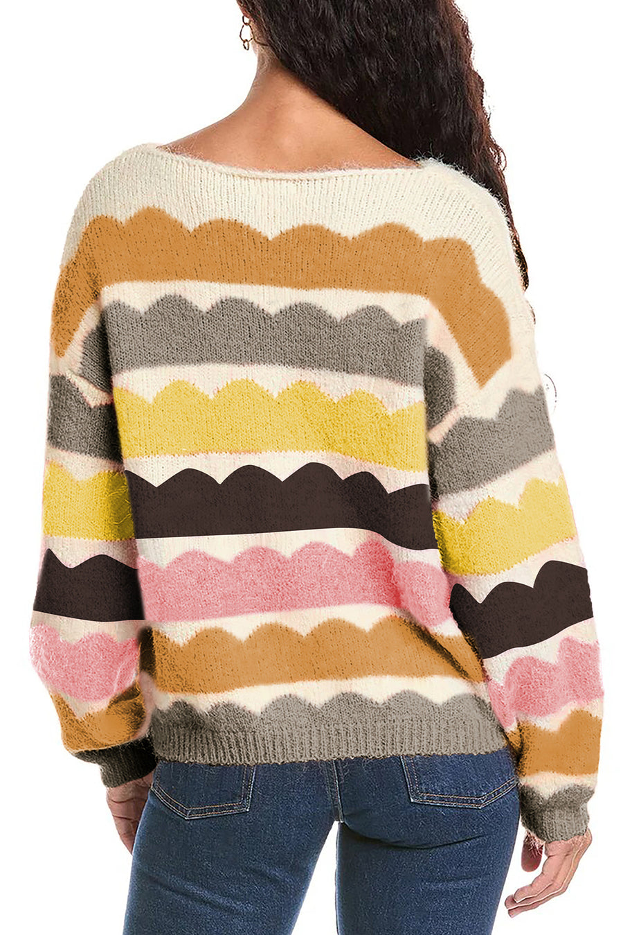 Bella Love Boutique California LLC Sweaters & Cardigans/Sweaters Yellow Wave Striped Balloon Sleeve Drop Shoulder Sweater