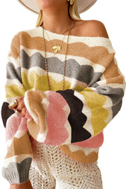 Bella Love Boutique California LLC Sweaters & Cardigans/Sweaters Yellow Wave Striped Balloon Sleeve Drop Shoulder Sweater