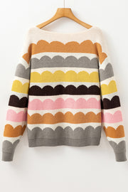 Bella Love Boutique California LLC Sweaters & Cardigans/Sweaters Yellow Wave Striped Balloon Sleeve Drop Shoulder Sweater