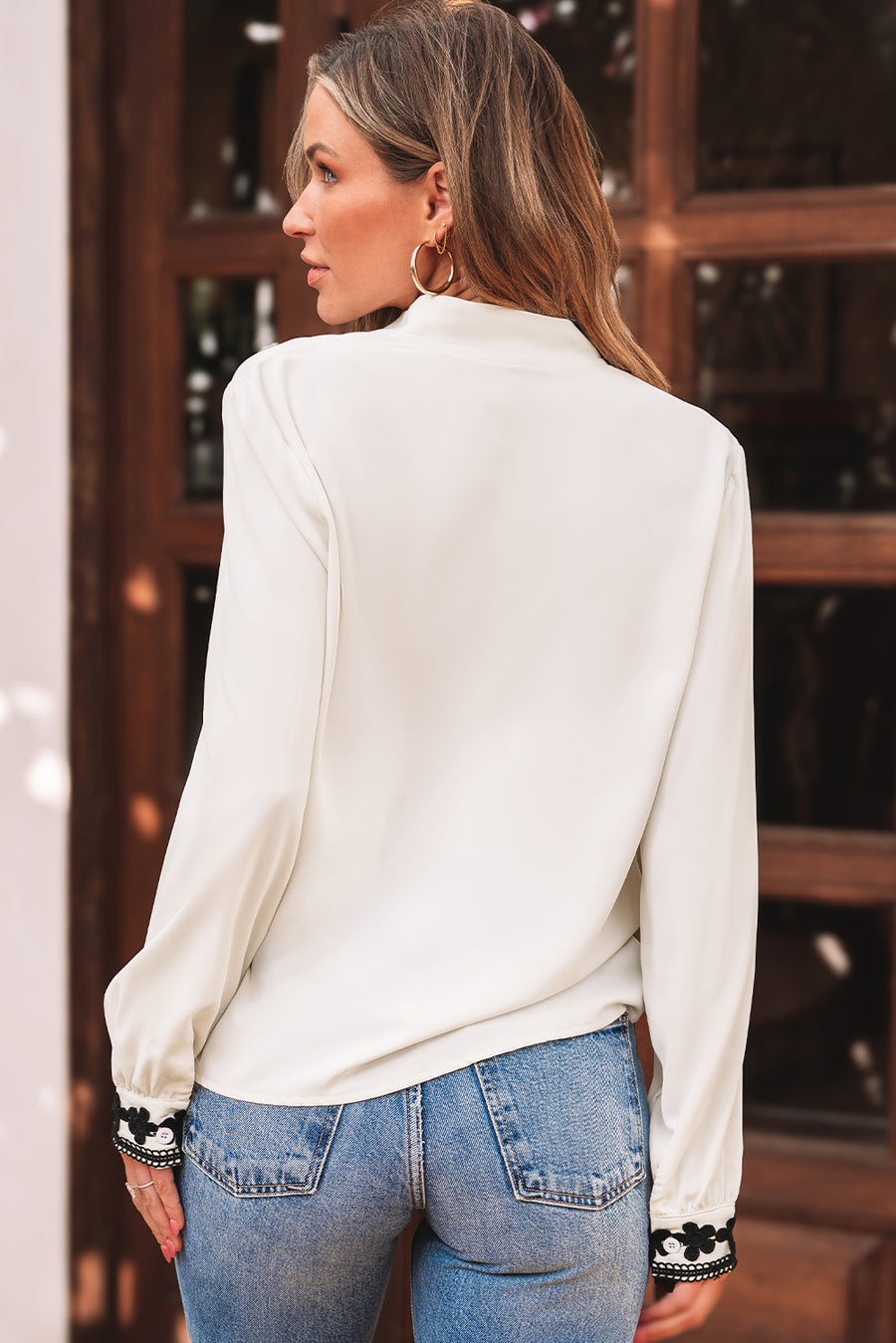 Bella Love Boutique California LLC Tops/Blouses & Shirts Beige Floral Embroidered Stand Neck Buttoned Shirt