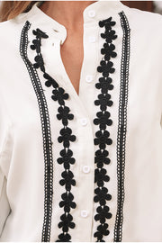 Bella Love Boutique California LLC Tops/Blouses & Shirts Beige Floral Embroidered Stand Neck Buttoned Shirt