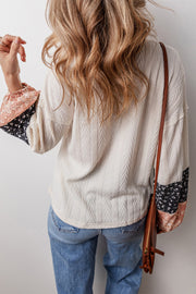 Beige Floral Patchwork Textured Knit Drawstring V Neck Blouse