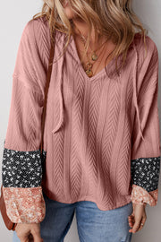 Bella Love Boutique California LLC Tops/Blouses & Shirts Beige Floral Patchwork Textured Knit Drawstring V Neck Blouse