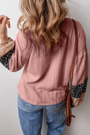 Bella Love Boutique California LLC Tops/Blouses & Shirts Beige Floral Patchwork Textured Knit Drawstring V Neck Blouse