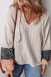 Bella Love Boutique California LLC Tops/Blouses & Shirts Beige Floral Patchwork Textured Knit Drawstring V Neck Blouse