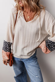 Bella Love Boutique California LLC Tops/Blouses & Shirts Beige Floral Patchwork Textured Knit Drawstring V Neck Blouse