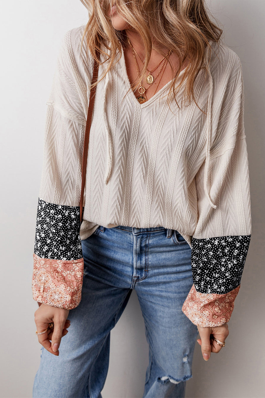 Bella Love Boutique California LLC Tops/Blouses & Shirts Beige Floral Patchwork Textured Knit Drawstring V Neck Blouse