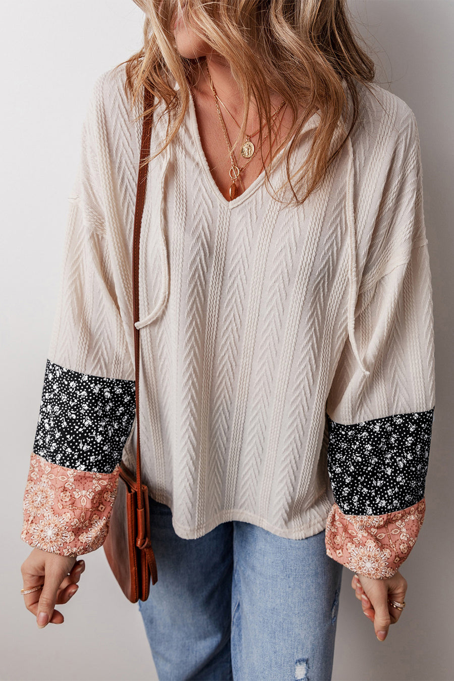 Bella Love Boutique California LLC Tops/Blouses & Shirts Beige Floral Patchwork Textured Knit Drawstring V Neck Blouse