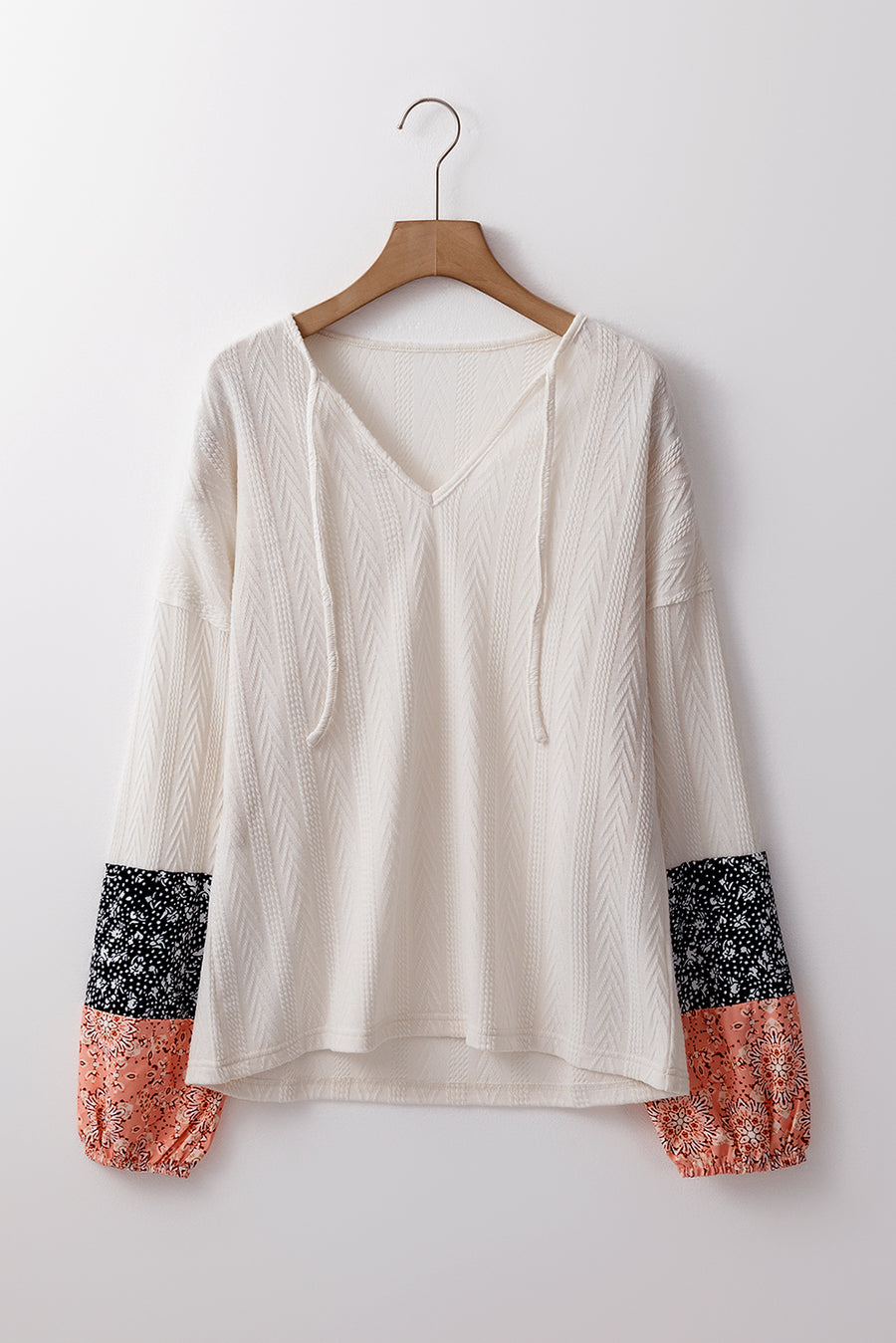 Bella Love Boutique California LLC Tops/Blouses & Shirts Beige Floral Patchwork Textured Knit Drawstring V Neck Blouse