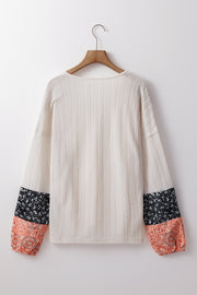 Bella Love Boutique California LLC Tops/Blouses & Shirts Beige Floral Patchwork Textured Knit Drawstring V Neck Blouse