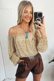 Bella Love Boutique California LLC Tops/Blouses & Shirts Beige Leopard Velvet Burnout Off Shoulder Long Sleeve Blouse