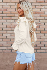 Bella Love Boutique California LLC Tops/Blouses & Shirts Beige Ruffled Flounce Sleeve Corduroy Blouse