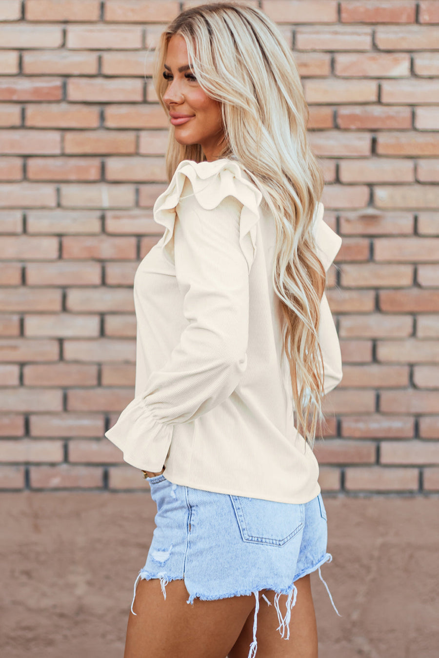 Bella Love Boutique California LLC Tops/Blouses & Shirts Beige Ruffled Flounce Sleeve Corduroy Blouse