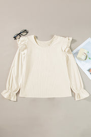 Bella Love Boutique California LLC Tops/Blouses & Shirts Beige Ruffled Flounce Sleeve Corduroy Blouse