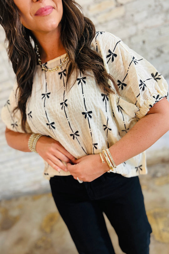 Bella Love Boutique California LLC Tops/Blouses & Shirts Beige / S / 100%Polyester Beige Bow Print Puff Short Sleeve Top