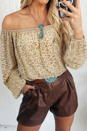 Bella Love Boutique California LLC Tops/Blouses & Shirts Beige / S / 59%Polyester+30%Polyamide+11%Elastane Beige Leopard Velvet Burnout Off Shoulder Long Sleeve Blouse