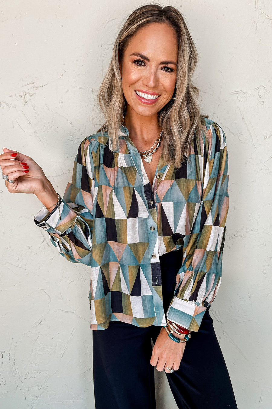 Bella Love Boutique California LLC Tops/Blouses & Shirts Bella Loves Cali's Green Print Buttoned Balloon Sleeve Loose Fit Shirt