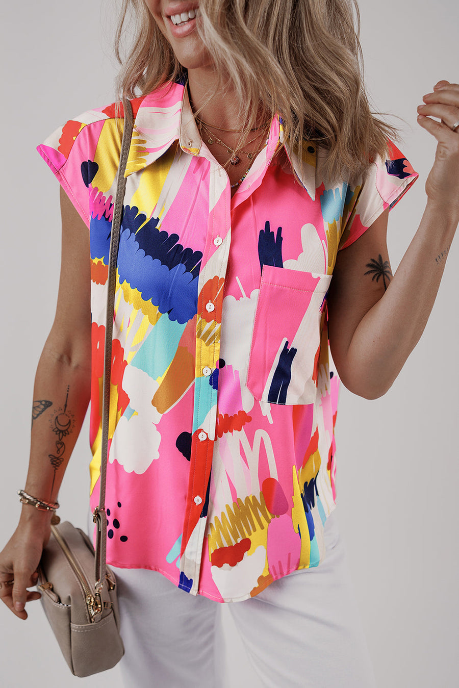 Bella Love Boutique California LLC Tops/Blouses & Shirts Bella Loves Cali's Multicolour Abstract Print Collared Cap Sleeve Casual Shirt
