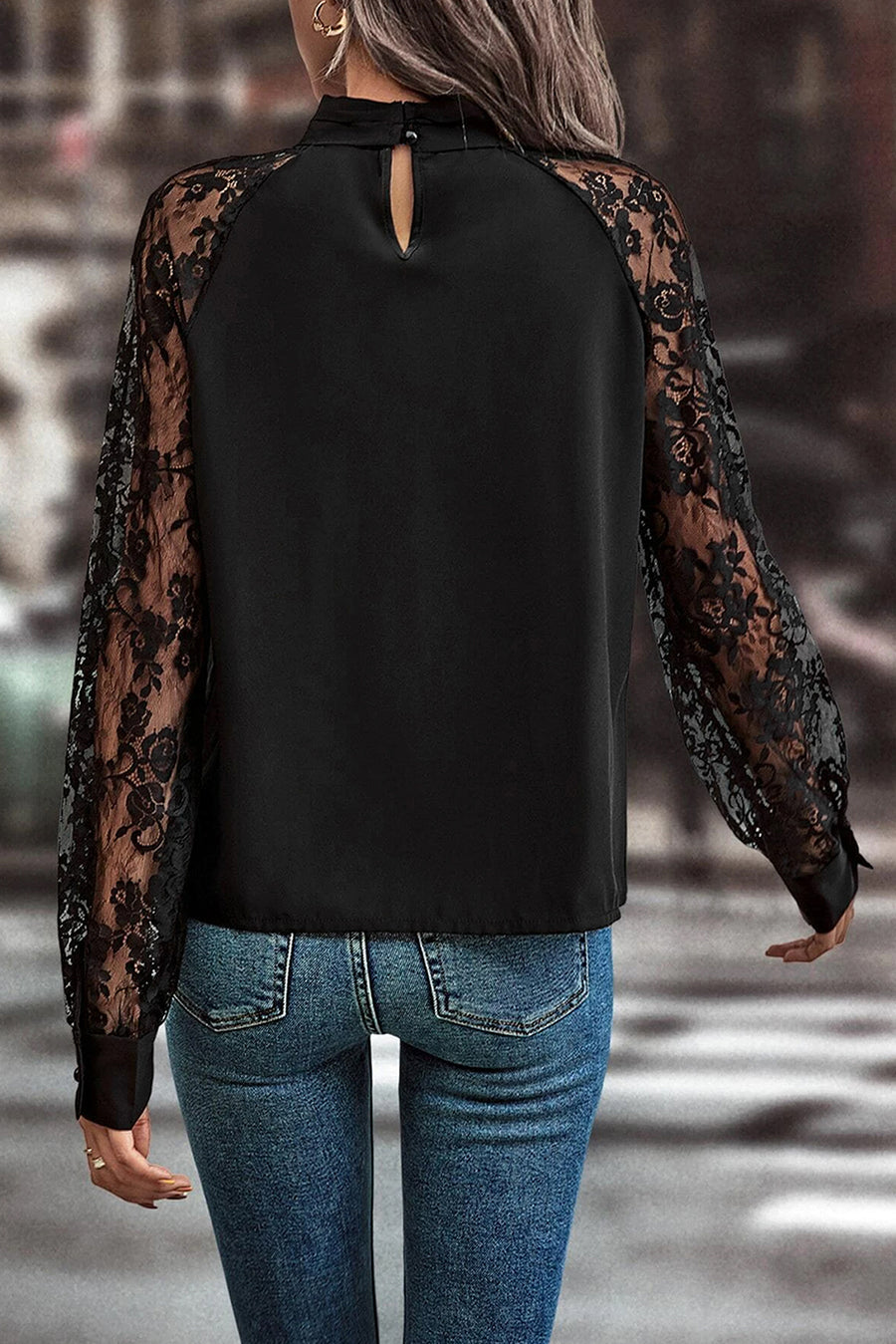 Bella Love Boutique California LLC Tops/Blouses & Shirts Black Keyhole Neckline Floral Lace Raglan Sleeve Blouse