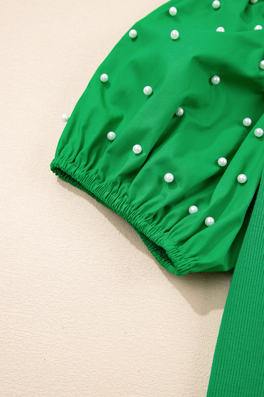 Bella Love Boutique California LLC Tops/Blouses & Shirts Black Ribbed Pearl Beaded Puff Sleeve Top