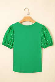 Bella Love Boutique California LLC Tops/Blouses & Shirts Black Ribbed Pearl Beaded Puff Sleeve Top