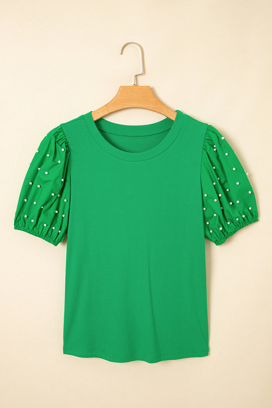 Bella Love Boutique California LLC Tops/Blouses & Shirts Black Ribbed Pearl Beaded Puff Sleeve Top