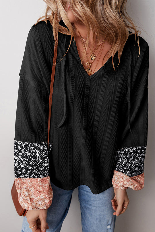 Bella Love Boutique California LLC Tops/Blouses & Shirts Black / S / 97%Polyester+3%Elastane Beige Floral Patchwork Textured Knit Drawstring V Neck Blouse